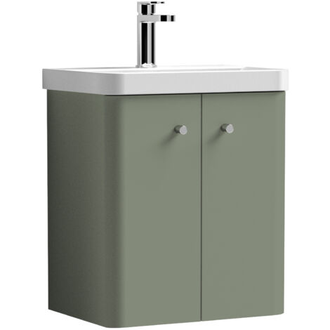 Nuie Core Wall Hung 2-Door Vanity Unit with Thin Edge Basin 500mm Wide - Satin Green