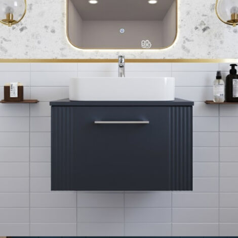 Nuie Deco Satin Soft Black 600mm Wall Hung Single Drawer Vanity Unit with Worktop - DPF1494W
