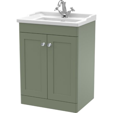 Nuie Classique Floor Standing 2-Door Vanity Unit with Traditional Basin 600mm Wide Satin Green - 1 Tap Hole