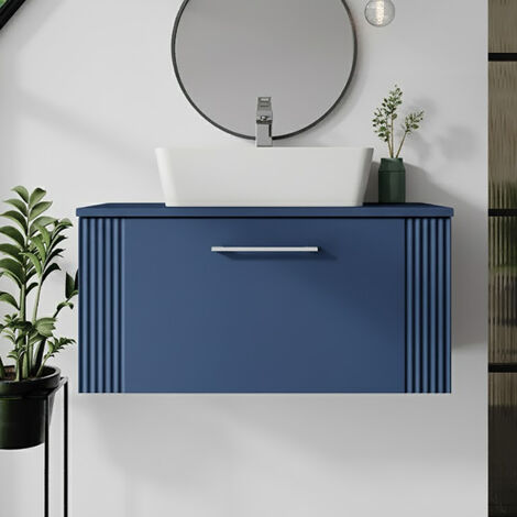 Nuie Deco Wall Hung 1-Drawer Vanity Unit with Worktop 800mm Wide - Satin Blue