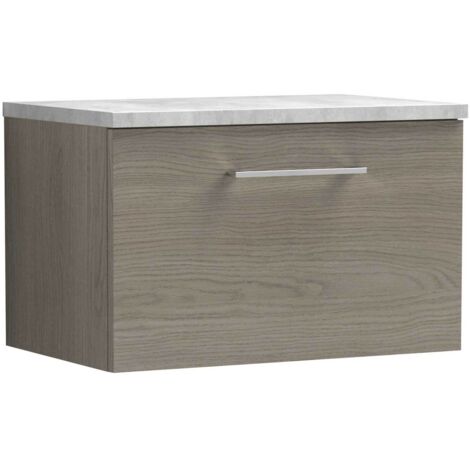 Nuie Arno Wall Hung 1-Drawer Vanity Unit with Bellato Grey Worktop 600mm Wide - Solace Oak Woodgrain (1/5)