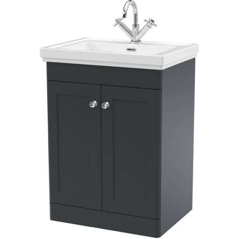 Nuie Classique Floor Standing 2-Door Vanity Unit with Basin 600mm Wide Satin Anthracite - 1 Tap Hole (1/5)