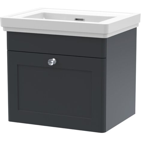 Nuie Classique Wall Hung 1-Drawer Vanity Unit with Basin 500mm Wide Satin Anthracite - 0 Tap Hole