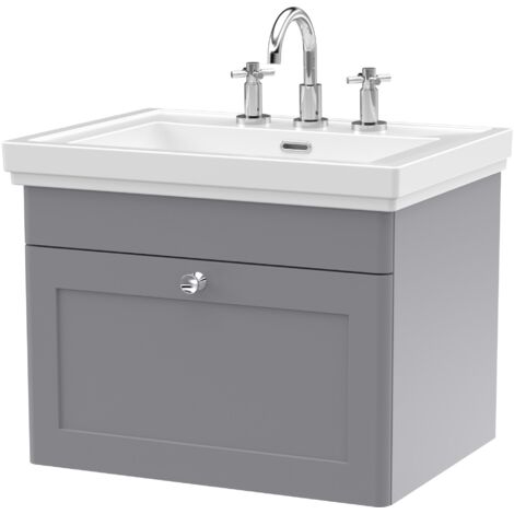 Nuie Classique Wall Hung 1-Drawer Vanity Unit with Basin 600mm Wide Satin Grey - 3 Tap Hole (1/5)