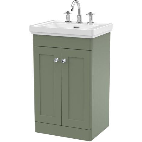 Nuie Classique Floor Standing 2-Door Vanity Unit with Basin 500mm Wide Satin Green - 3 Tap Hole (1/5)