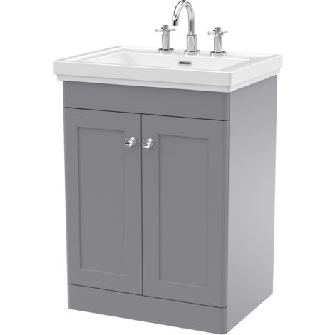 Nuie Classique Floor Standing 2-Door Vanity Unit with Basin 600mm Wide Satin Grey - 3 Tap Hole (1/5)