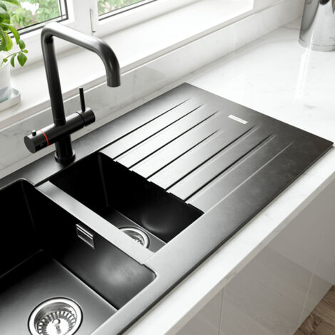 Prima+ Granite Composite 1.5 Bowl Inset Kitchen Sink with Waste Kit 1000mm L x 500mm W - Black