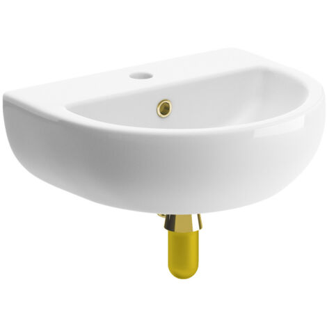 Signature Zeus Wall Hung Cloakroom Basin and Brushed Brass Bottle Trap 450mm Wide - 1 Tap Hole