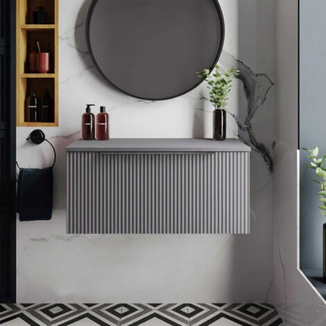 Hudson Reed Fluted Wall Hung 1-Drawer Vanity Unit with Worktop 800mm Wide - Satin Grey (1/5)