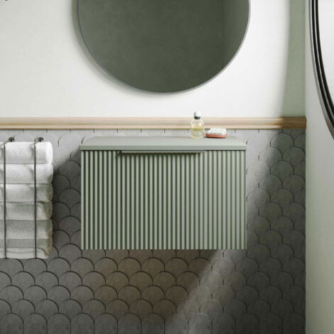 Hudson Reed Fluted Satin Green 600mm Wall Mounted Single Drawer Vanity Unit with Worktop - DFF894W