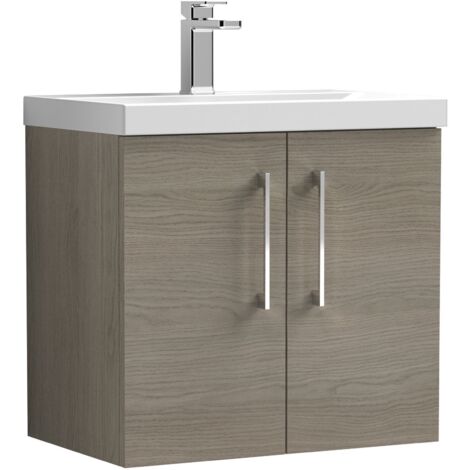 Nuie – Wall hung vanity unit 600mm with basin 3 – 2 soft-closing doors – Solace oak woodgrain finish – Thin-edge ceramic basin (1/5)