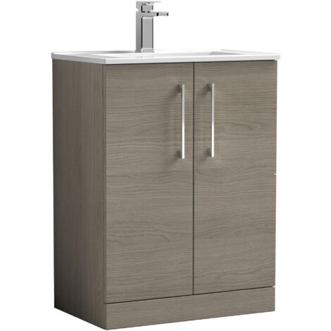 Nuie Arno Floor Standing 2-Door Vanity Unit with Basin-2 600mm Wide - Solace Oak Woodgrain (1/5)
