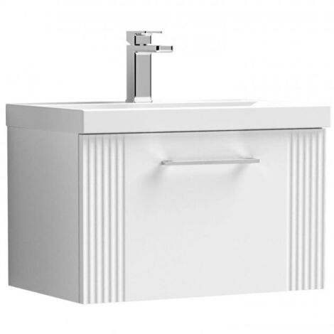Nuie Deco Satin White 600mm Wall Hung Single Drawer Vanity Unit and Mid Edge Ceramic Basin - DPF194A