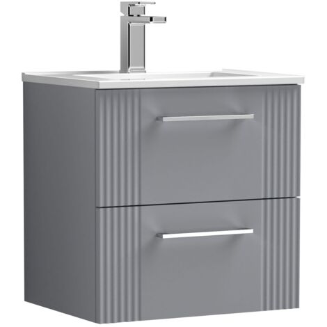 Nuie Deco Satin Grey 500mm Wall Hung 2 Drawer Vanity Unit and Minimalist Ceramic Basin - DPF292B