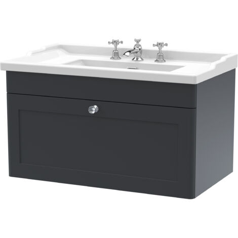 Nuie Classique Wall Hung 1-Drawer Vanity Unit with Traditional Basin 800mm Wide Satin Anthracite - 3 Tap Hole (1/5)