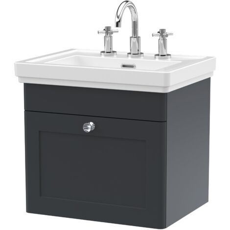 Nuie Classique Wall Hung 1-Drawer Vanity Unit with Basin 500mm Wide Satin Anthracite - 3 Tap Hole (1/4)