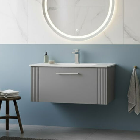 Nuie Deco Wall Hung 1-Drawer Vanity Unit with Basin-2 800mm Wide - Satin Grey (1/5)