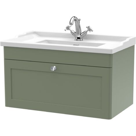 Nuie Classique Satin Green 800mm Wall Hung Single Drawer Vanity Unit and 35mm Profile Traditional Basin - CLC896F (1/5)