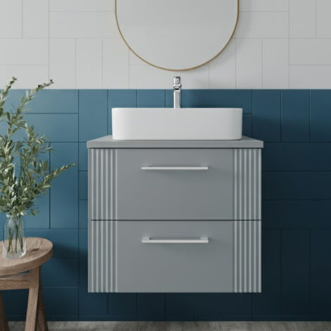 Nuie Deco Satin Grey 600mm Wall Hung 2 Drawer Vanity Unit with Worktop - DPF293W