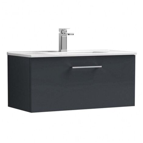 Nuie Arno Satin Soft Black 800mm Wall Hung Single Drawer Vanity Unit and Minimalist Ceramic Basin - ARN1425B (1/5)