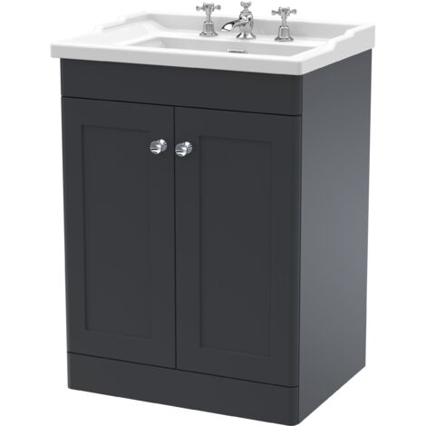 Nuie Classique Floor Standing 2-Door Vanity Unit with Traditional Basin 600mm Wide Satin Anthracite - 3 Tap Hole