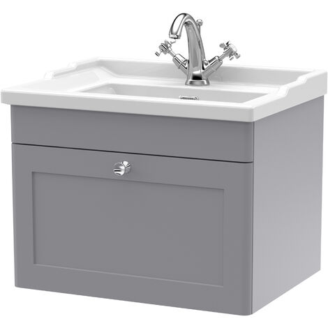 Nuie Classique Satin Grey 600mm Wall Hung Single Drawer Vanity Unit and 35mm Profile Traditional Basin - CLC294F (1/6)