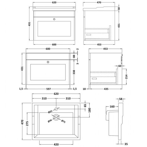 Nuie Classique Wall Hung 1-Drawer Vanity Unit with Traditional Basin ...