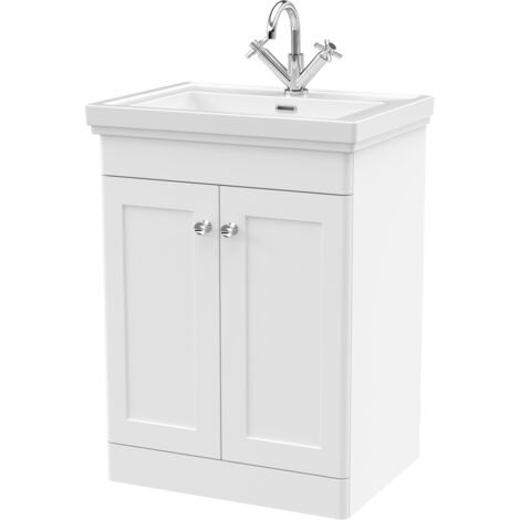 Nuie Classique Floor Standing 2-Door Vanity Unit with Basin 600mm Wide Satin White - 1 Tap Hole (1/5)