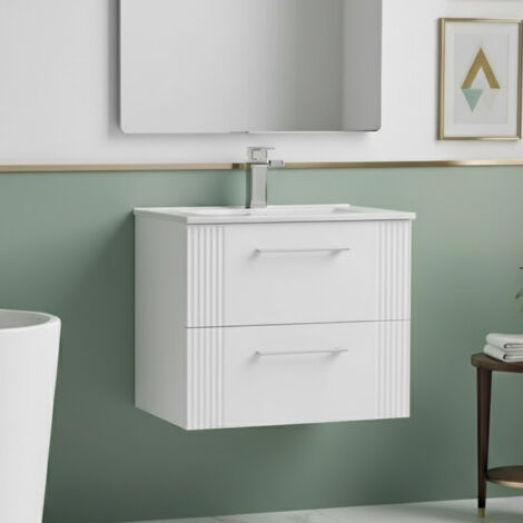 Nuie Deco Satin White 600mm Wall Hung 2 Drawer Vanity Unit and Minimalist Ceramic Basin - DPF193B