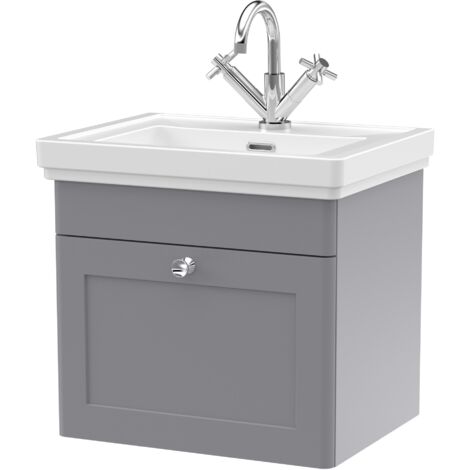 Nuie Classique Wall Hung 1-Drawer Vanity Unit with Basin 500mm Wide Satin Grey - 1 Tap Hole (1/4)