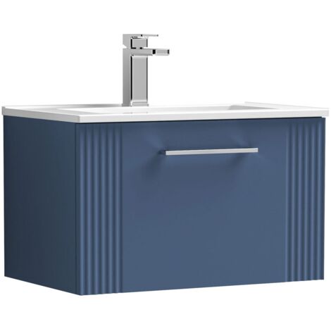 Nuie Deco Satin Blue 600mm Wall Hung Single Drawer Vanity Unit and Curved Ceramic Basin - DPF394G