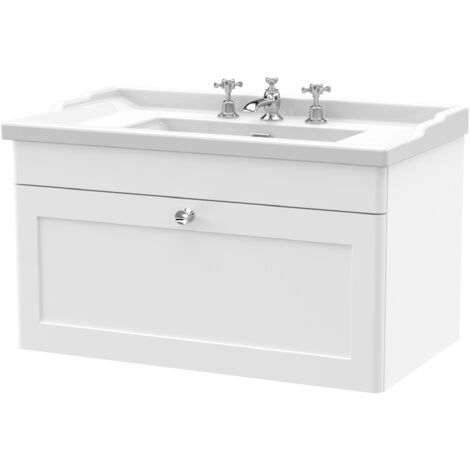 Nuie Classique Wall Hung 1-Drawer Vanity Unit with Traditional Basin 800mm Wide Satin White - 3 Tap Hole (1/5)