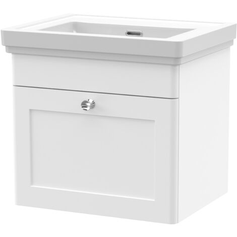 Nuie Classique Wall Hung 1-Drawer Vanity Unit with Basin 500mm Wide Satin White - 0 Tap Hole