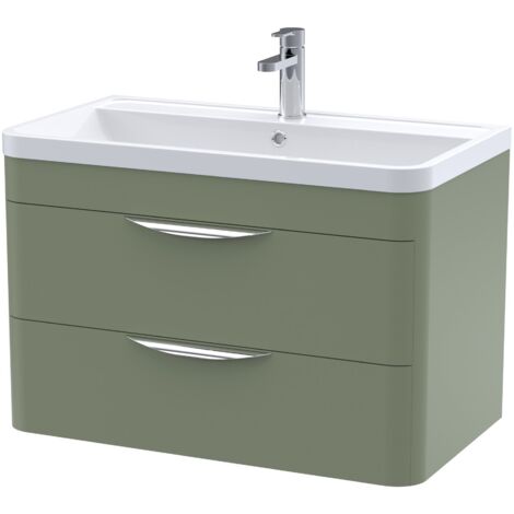 Nuie Parade Satin Green 800mm Wall Hung 2 Drawer Vanity Unit and Ceramic Basin - FPA805A