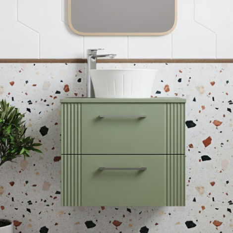 Nuie Deco Satin Green 600mm Wall Hung 2 Drawer Vanity Unit with Worktop - DPF893W