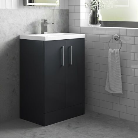 Nuie Arno Compact Floor Standing 2-Door Vanity Unit with Polymarble Basin 500mm Wide - Satin Anthracite