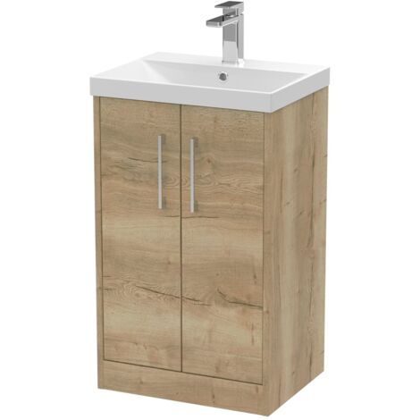 Hudson Reed Juno Autumn Oak Woodgrain 500mm Floor Standing 2 Door Vanity Unit and Thin Edge Ceramic Basin - JNU1801D