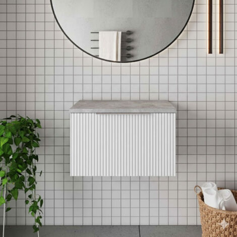 Hudson Reed Fluted Wall Hung 1-Drawer Vanity Unit with Bellato Grey Worktop 600mm Wide - Satin White (1/5)