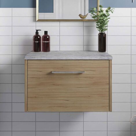 Hudson Reed Juno Wall Hung 1-Drawer Vanity Unit with Bellato Grey Worktop 600mm Wide - Autumn Oak (1/5)