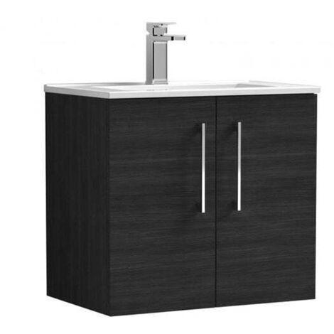Nuie Arno Wall Hung 2-Door Vanity Unit with Basin-2 600mm Wide - Black Woodgrain