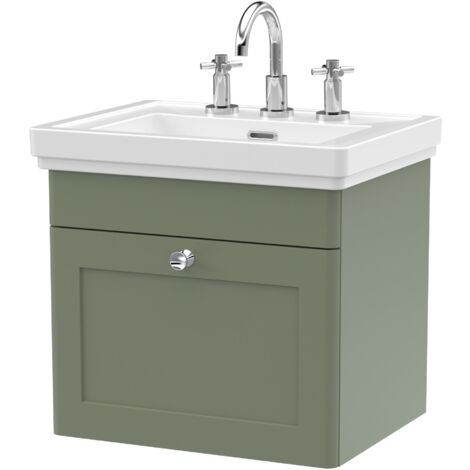 Nuie Classique Wall Hung 1-Drawer Vanity Unit with Basin 500mm Wide Satin Green - 3 Tap Hole (1/4)