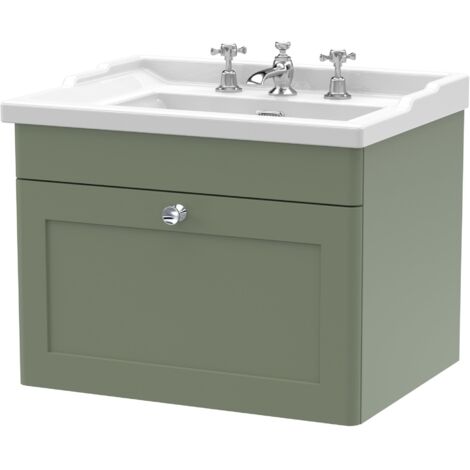 Nuie Classique Wall Hung 1-Drawer Vanity Unit with Traditional Basin 600mm Wide Satin Green - 3 Tap Hole (1/5)