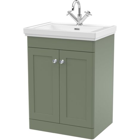 Nuie Classique Floor Standing 2-Door Vanity Unit with Basin 600mm Wide Satin Green - 1 Tap Hole (1/5)