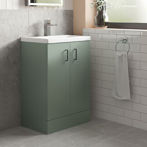 Nuie Arno Compact Floor Standing 2-Door Vanity Unit with Ceramic Basin 500mm Wide - Satin Green