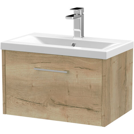 Hudson Reed Juno Autumn Oak Woodgrain 600mm Wall Hung Single Drawer Vanity Unit and Mid Edge Ceramic Basin - JNU1822A (1/6)