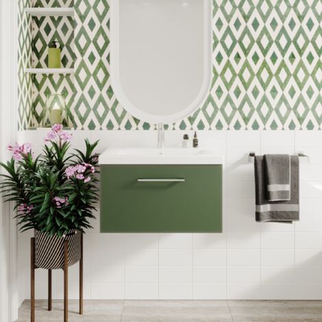 Nuie Arno Satin Green 600mm Wall Hung Single Drawer Vanity Unit and Mid Edge Ceramic Basin - ARN822A (1/5)