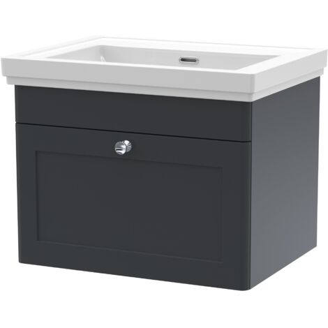 Nuie Classique Wall Hung 1-Drawer Vanity Unit with Classic Basin 600mm Wide Satin Anthracite - 0 Tap Hole (1/5)