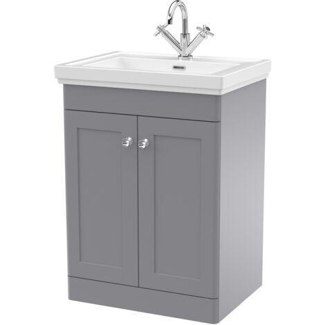Nuie Classique Floor Standing 2-Door Vanity Unit with Basin 600mm Wide Satin Grey - 1 Tap Hole (1/5)