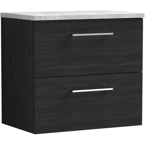 Nuie Arno Wall Hung 2-Drawer Vanity Unit with Bellato Grey Worktop 600mm Wide - Black Woodgrain (1/5)