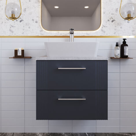 Nuie Deco Satin Soft Black 600mm Wall Hung 2 Drawer Vanity Unit with Bellato Grey Worktop - DPF1493LBG